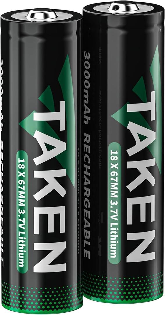 Taken 3.7V 18650 Rechargeable Batteries 3000mAh 2 Pack Lithium Battery Button Top for Flashlights, Headlamps, Doorbells, Toys