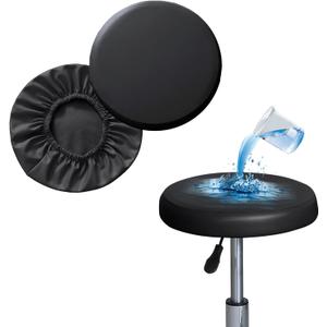 Shukii Stool Covers -PU Bar Stool Slipcover with Elastic, Waterproof, Round Seat Covers (2 Pack) (L (14"-16") 2 Counts, Black)