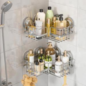 LEVERLOC 2 Pack Corner-adaptive Suction Cup Shower Caddies, Drill-Free Wall Mounted Basket, Stainless Steel Rustproof Corner Shower Shelf, Large Capacity Removable Suction Cup Bathroom Organizer, Gray