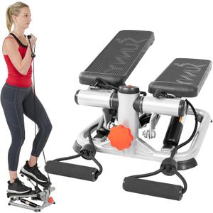 Sunny Health & Fitness Mini Steppers with Digital Monitor and Resistance Bands, Compact Low-Impact Cardio Machines for Home Workouts (Grey)