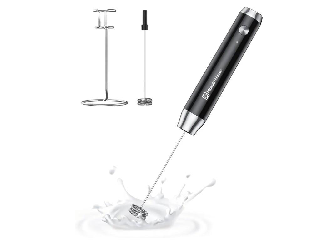 Maestri House Rechargeable Milk Frother with Stand, LunaFro Handheld Electric Foam Maker Waterproof Detachable Stainless Steel Whisk Drink Mixer Foamer for Lattes, Cappuccino BLACK
