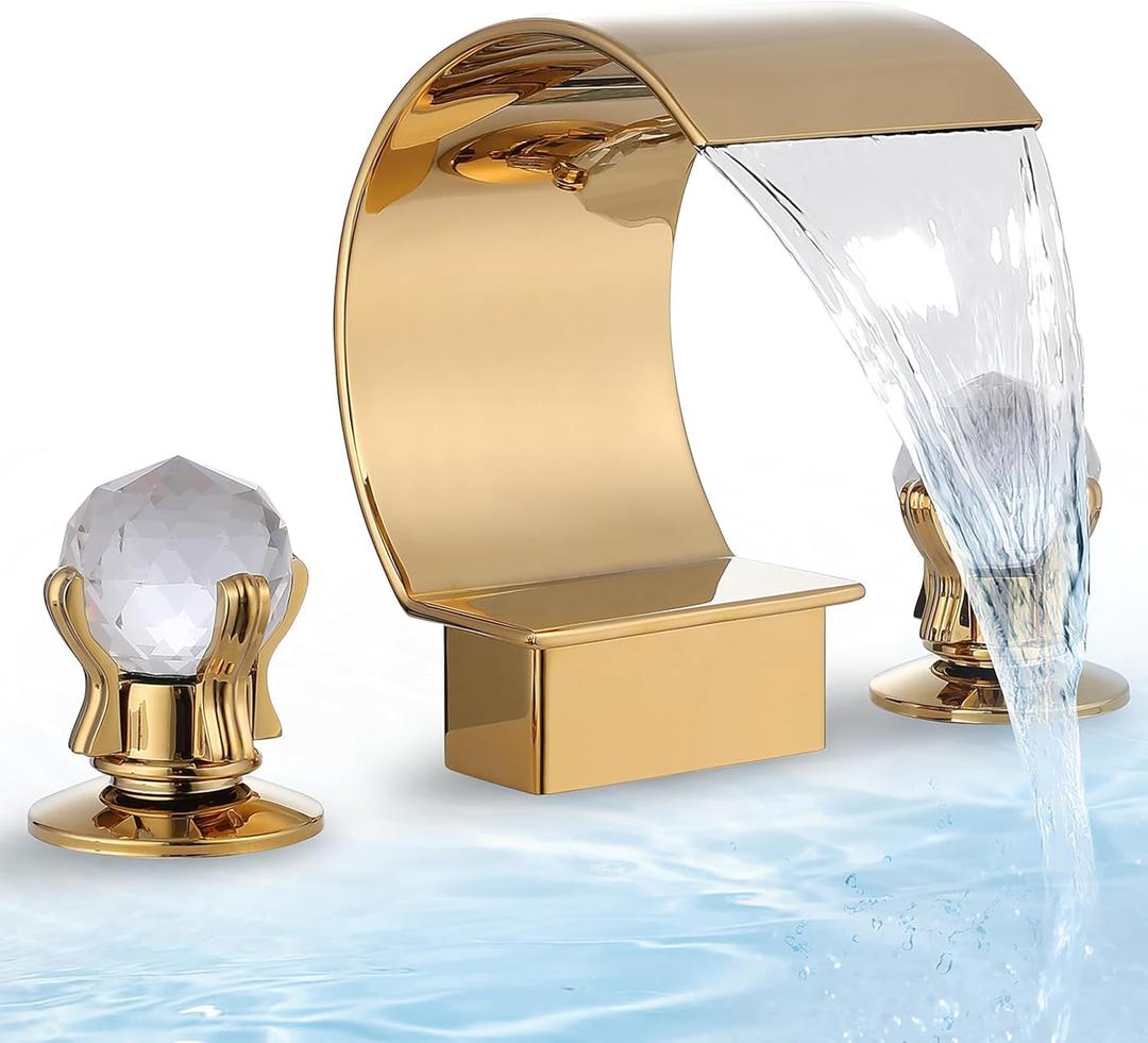 YAGATAP Gold Bathroom Sink Faucet 3 Hole 2 Handle Crystal Knobs High Arc Waterfall Spout Vanity Basin Mixer Tap 8-inchUpwards Widespread Bathtub Filler Faucet