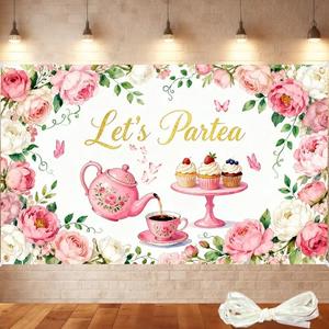 Tea Party Backdrop 6x4FT – Let's Partea Banner Decorations with 19.69ft Ribbon, Floral Teapot Background for Tea Party Decorations, Birthday Baby Shower Photo Booth Props