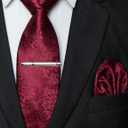 JEMYGINS Floral Necktie and Pocket Square Tie Clip Sets for Men (Burgundy)