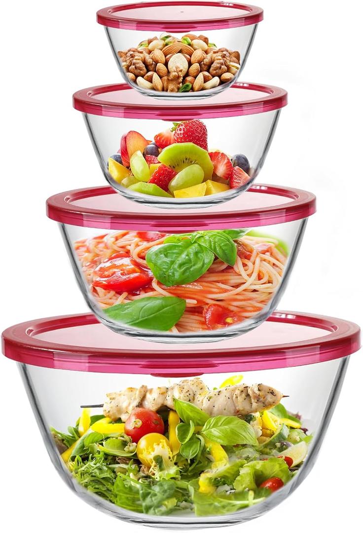 KOMUEE Glass Mixing Bowls with Lids Set, 4 Piece Nesting Kitchen Bowls for Salad, Serving, and Baking, Oven Safe Glass Bowl