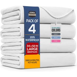 Utopia Bedding Washable Underpads 34" x 52" (Pack of 4), Waterproof Reusable Heavy Absorbency Incontinence Bed Pads for Adults, Kids, Elderly and Pets, Bedwetting Pads for Sofa and Couch (White)