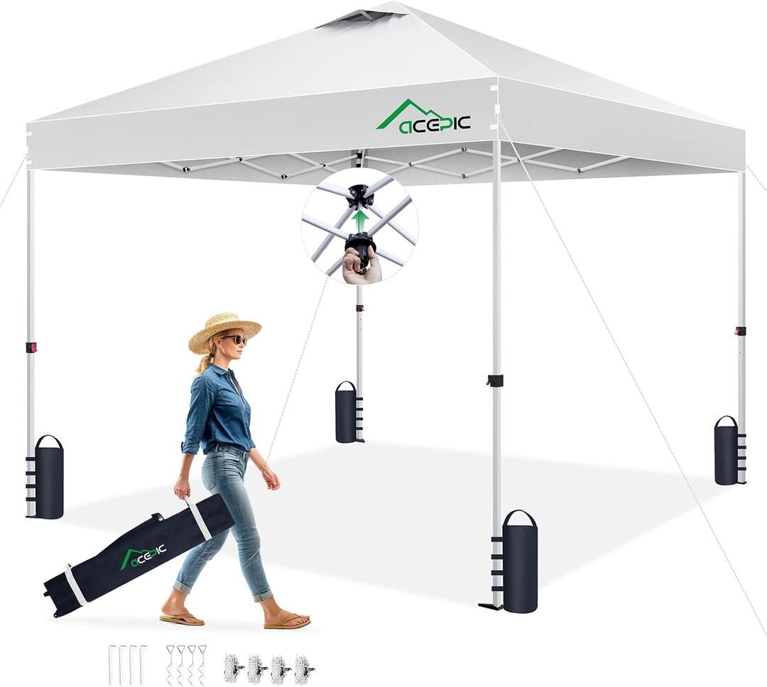 10x10 Pop Up Canopy Tent, One Push Instant Outdoor Gazebo with Vented Top, Upgraded 300D Silver Coated Sun Shade for Parties Camping Vendor, Includes Wheeled Bag and 4 Sandbags, White