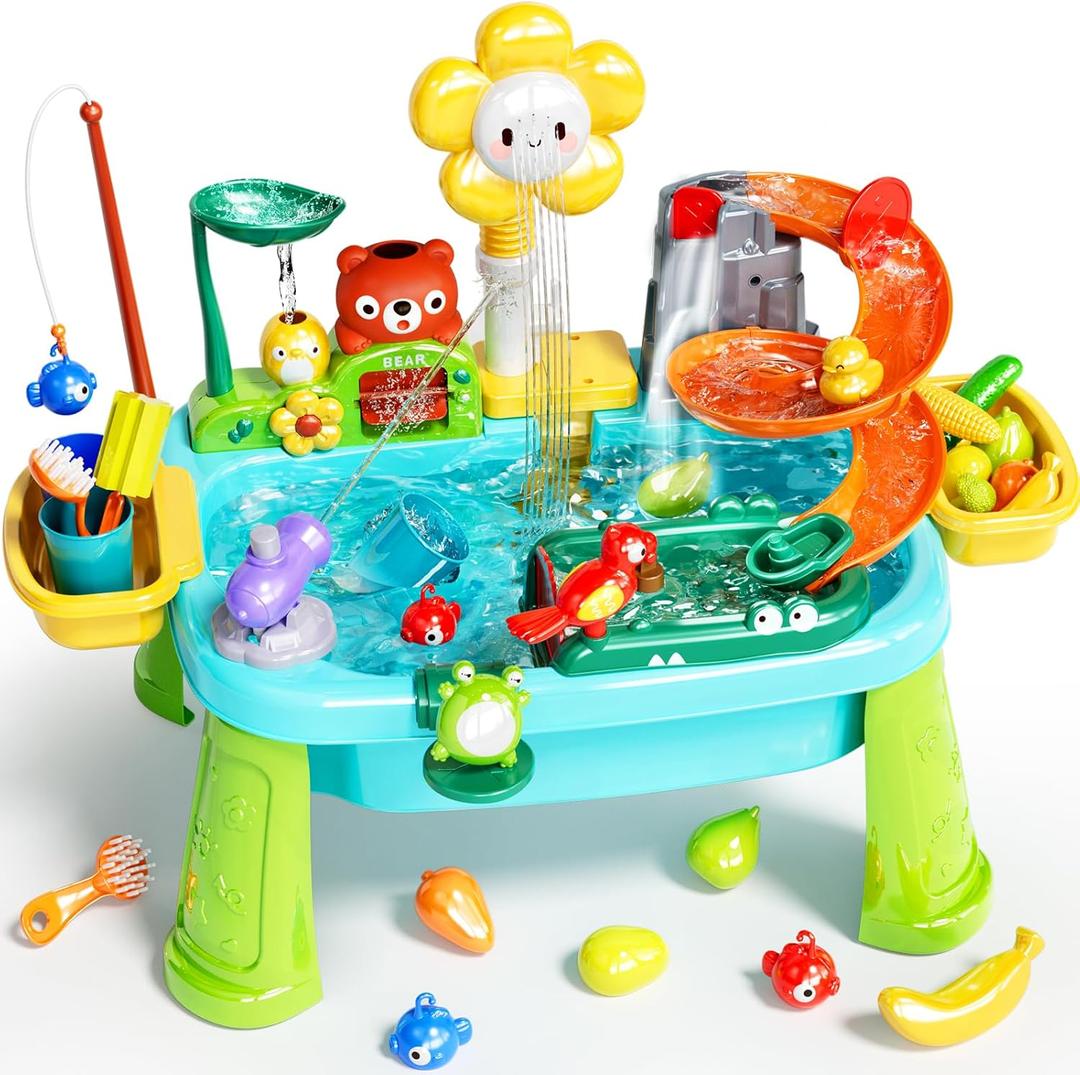 Pupu Pig Water Table Play Sink Toys for Toddlers, Kids Play Kitchen Sink with Running Water, 360 Electric Faucet, Floating Fishing Game, Sensory Water Table Toys for Boys Girls Summer Gifts