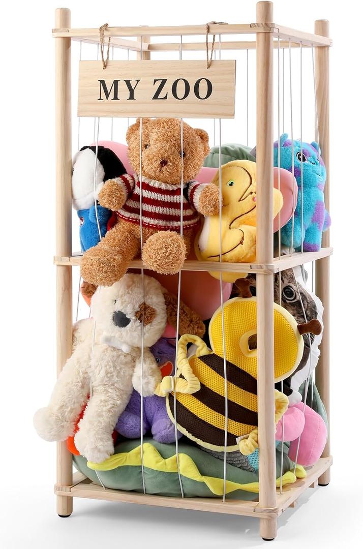 GLDZI Stuffed Animal Storage Zoo, Wooden Stuffed Animal Organizer with Elastic Cords for Boys Girls, Space Saving Toy Plushies Storage Holder for Playroom, Bedroom, Living Room (Burlywood, Small)