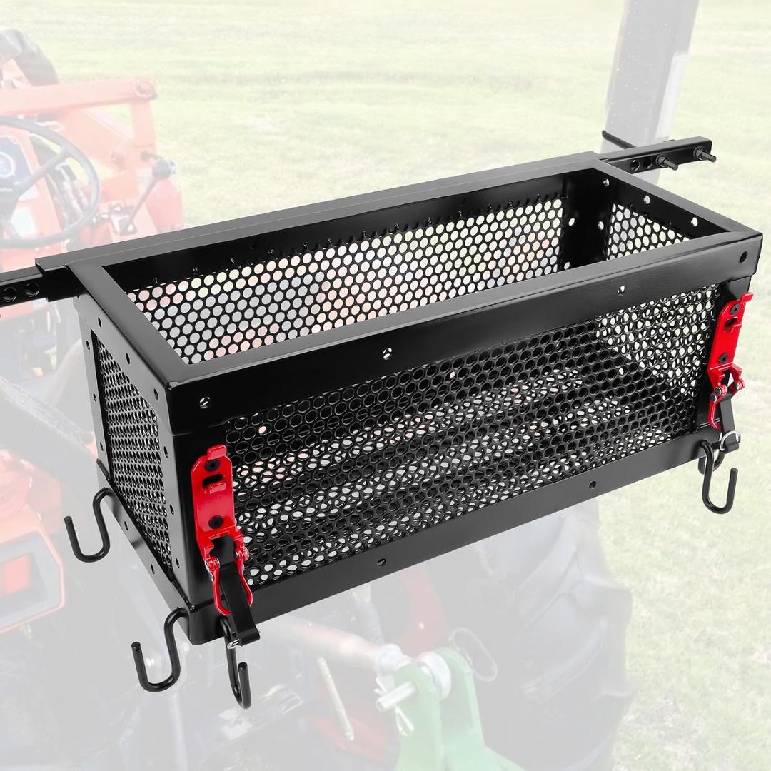 Heavy Duty Tractor Tool Box, Universal Tractor Basket with Tray Accessories Fits Most Tractor and Zero Turn Mower, Tractor Toolbox Attachment Store and Organize