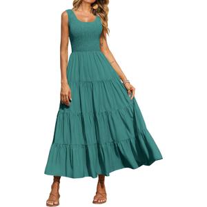 PRETTYGARDEN Women's 2025 Casual Loose Plain Maxi Sundress Smocked Tank Dress Sleeveless Summer Beach Tiered Long Dresses (Bean Green), S