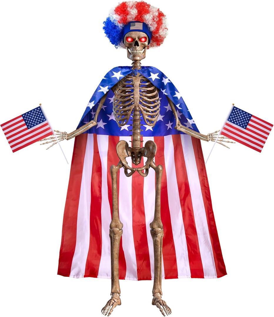4th of July 6ft Skeleton Clothing Accessories, USA Flag Skeleton Costume with Fuzzy Wig, Patriotic Costume Cape String Flag for Outdoor Garden Lawn Decor Independence Day Party Celebration