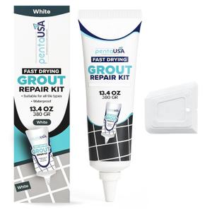 PentaUSA Tile Grout Repair Kit - White Premixed Acrylic Sanded Grout, Water-Resistant Grout Filler for Bathroom&Shower, Kitchen Floor, Fast Drying, with Applicator, 13.4 oz (380g)