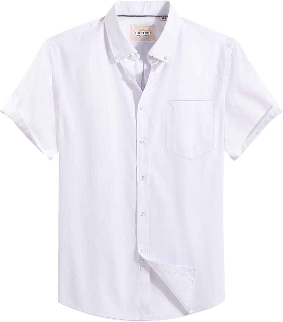 Alimens & Gentle Men's Short Sleeve Oxford Shirt Regular Fit Button Down Collar Shirts with Pocket (X-Large Tall, All White)