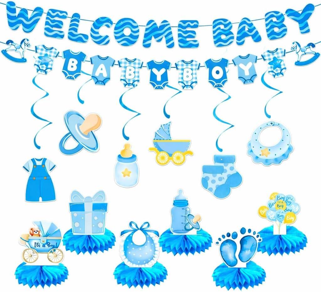 Baby Shower Decorations Pre-assembled Blue Boy Baby Shower Decorations Welcome Baby Banner Cute Bear Baby Shower Decor Supplies for Boy