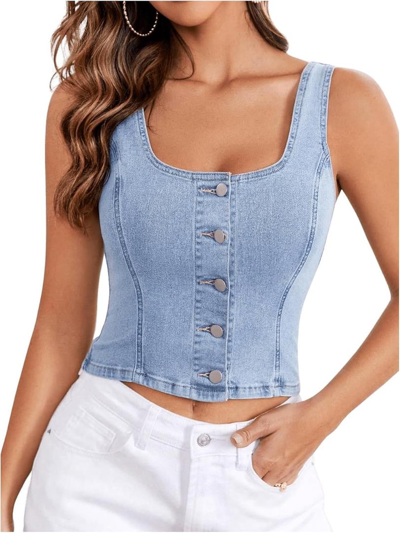SHENHE Women's Button Up Denim Tank Top Scoop Neck Y2k Cropped Jean Tank Vest Top Light Wash, Large