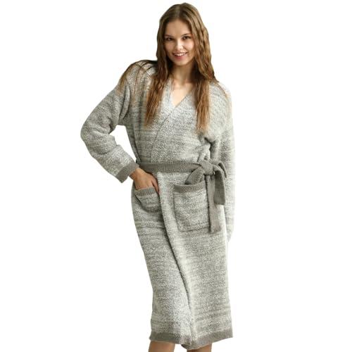 MH MYLUNE HOME Ultra Soft Robe With Pockets, Spa Bathrobe Loungewear Calf-Length, Plush Fuzzy Fluffy Wrap Robe for Women, Women's Robes, Ombre Gray