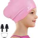 Kids Long Hair Swim Cap for Girls Boys, 3 Size Silicone Swimming Cap for Age 1-15 Toddler Children Teens, Waterproof Swim Hats Bathing Caps with Ear Plugs & Nose Clip to Keep Hair Dry (Pink)