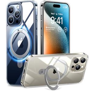 TORRAS Magnetic Ostand for iPhone 15 Pro Max Case, [Military Grade Drop Tested][Compatible with MagSafe][Build in Kickstand] Clear Slim Hard Back Soft Edge Anti-Fingerprint 6.7" 2023, Clear