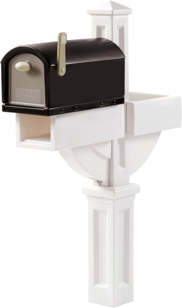 Step2 Mailmaster Hudson Mailbox & Post with Planter, Weather Resistant, Large Outdoor Mailboxes, Made of Durable Plastic, Easy to Install, Flag Included, White & Black