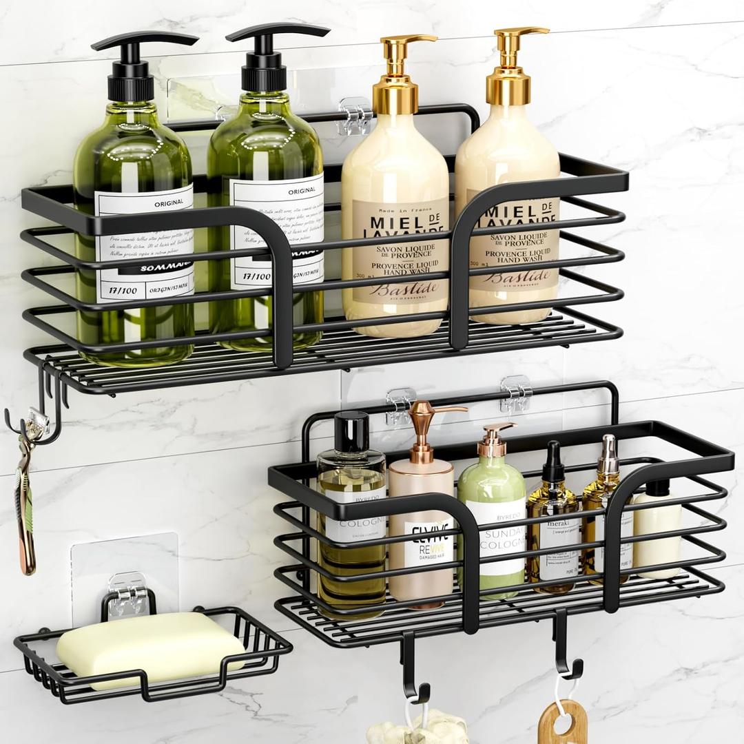 Shower Caddy, Adhesive Shower Organizer with Soap Dish and 4 Hooks, Rustproof Stainless Steel Shower Shelves, Wall Mounted No Drilling Storage Shelf Basket Accessories for Bathroom & Kitchen (Black)
