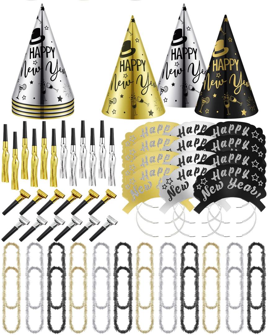 Hanaive 72 Pcs New Years Party Supplies 2026 Eve Party Decorations Midnight Supplies for 24 People Includes Cone Hats, Headband, Squawkers, Blowouts for New Year Gift Eve Night Accessories