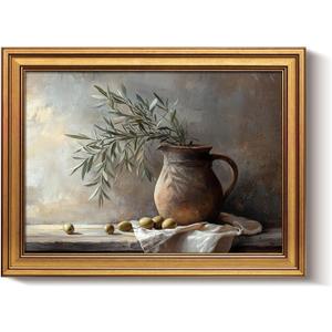 Bzstyleart Vintage Wall Art Decor, Gold Framed Wall Art 12 x 16 Inch Pottery Jar Olive Branch for Office, Canvas Picture Print Painting for Bedroom Living Bathroom Dorm