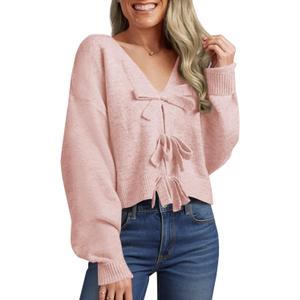 Saodimallsu Women's Bow Sweater Cropped V Neck Long Sleeve Fall Cozy Knit Loose Trendy Pullover Sweaters (Small, Pink)