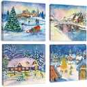 Artscope 4 Pieces Christmas Wall Art Canvas Prints - Snow Scene Picture Painting - Modern Wall Artwork Framed for Gifts Bathroom Home Kitchen Office Christmas Decor - 30 x 30 CM