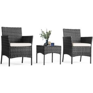 Sweetcripy Patio Furniture Set 3 Pieces, Outdoor Furniture with Soft Cushion and Glass Table, All Weather Manual Weaving Wicker Rattan Patio Chairs for Garden, Terrace, Porch(Black and Beige)