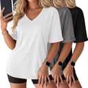 Huukeay 3 Pack Women's Oversized T Shirts, V Neck Loose Fit Rolled Sleeves Tops Shirts Summer Half Sleeves Tee (L)