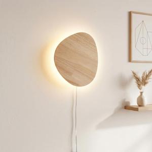 Modern Minimalist Plug in Wall Sconces, 9.4'' Plug-in Or Cordless Wood Backlight LED Wall Lamp, 12W, 1100LM Warm White Brightness Wall Light Fixtures for Bedroom, Living Room Wall Dcor