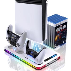 PS5 Cooling Station for PS5/Slim/Pro,PS5 Fan Cooling Fan with 8 RGB Light P5 Cooling Stand with 3 Level Fan Vertical Controller Charger Station with Dual Controller Chargers Dics Storage 4 HUB