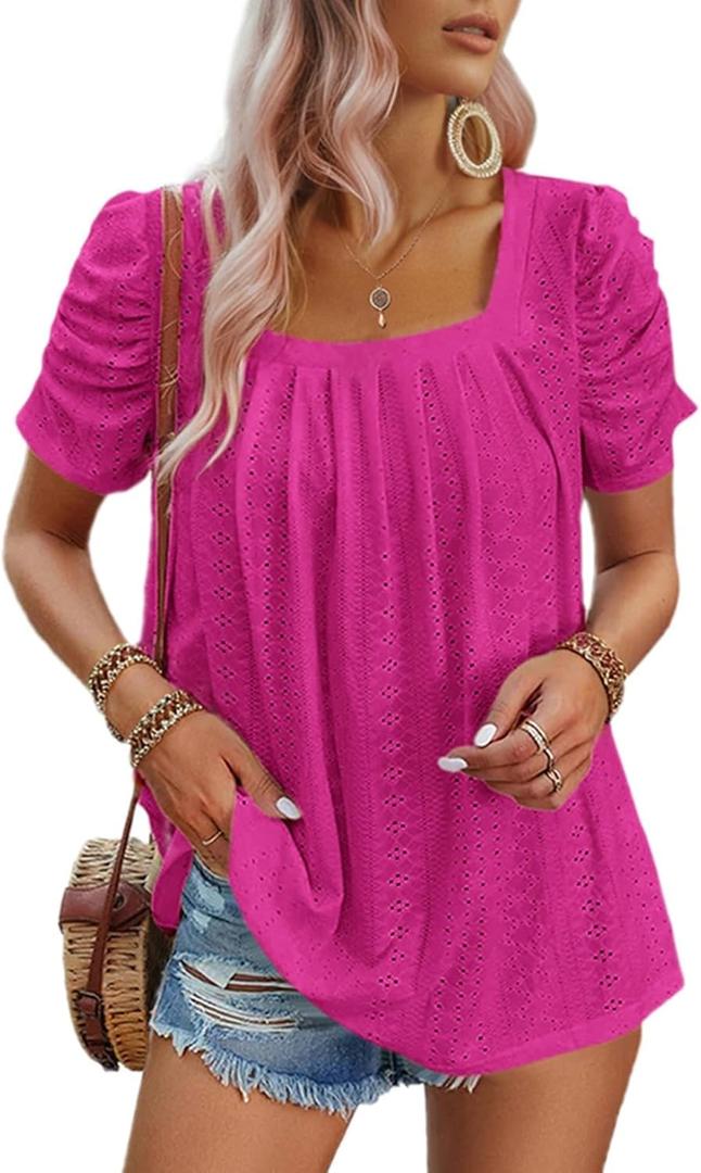 Dokotoo Women's Hollow Pleated Short Sleeves Square Neck Casual Loose Solid Color Knit T Shirts Tops Blouses (X-Large)