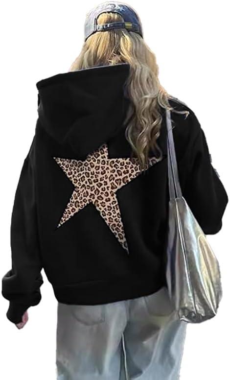 heyheyshine Star Graphic Hoodies Oversized Y2k Leopard Print Hooded Sweatshirt Cheetah Hoodie Streetwear Unisex Pullover Tops (Small, Black)