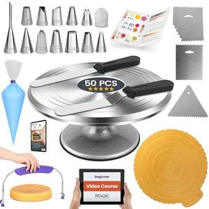 RFAQK 9PCs Cake Decorating Supplies Kit with 12" Aluminum Rotating Cake Turntable Stand, Professional Leveler, Straight & Offset Spatulas, 12 Numbered Icing Tips & Bags