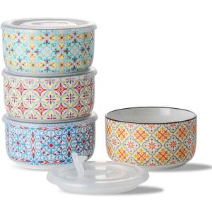 Ceramic Bowls Set with Lid: Microwave Safe Soup Containers for Meal Prep, Cereal, Salad, Picnic, Camping, Office Lunch, Kitchen Food Storage - 5 Inch, 20 oz, 4 PCS, Design D