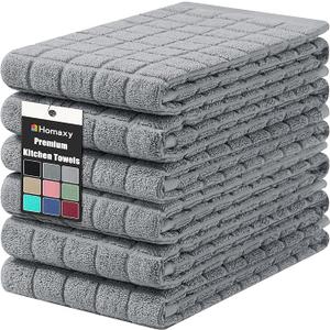 Homaxy Premium Cotton Kitchen Towels 16"x 28", Large Natural Ring Spun 390 GSM Dish Towels, Super Absorbent Terry Kitchen Hand Towels, Soft Tea Towels with Hanging Loop, Grey Check Design, 6 Pack