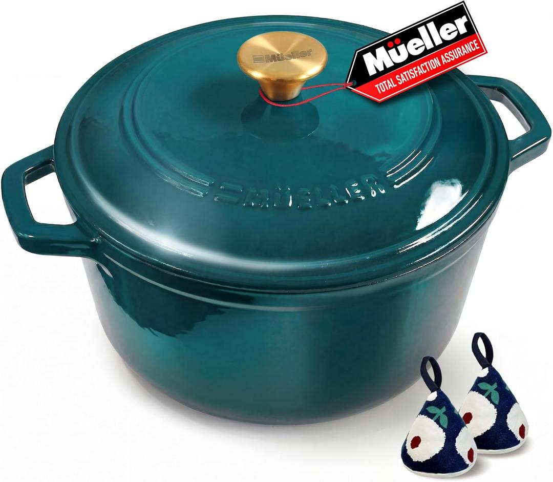 Mueller DuraCast 6 Quart Enameled Cast Iron Dutch Oven Pot with Lid, Sourdough Bread Baking, PFOA-Free, 500F Oven Safe - All Cooktops incl. Induction, Braising & Slow Cooking, Emerald