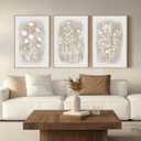Neutral Wildflower Wall Art Framed Boho Botanical Large Vintage Farmhouse Minimalist Floral Beige Canvas Wall Decor Prints for Living Room Bedroom Office, 3 Panels, 24x36 Inch