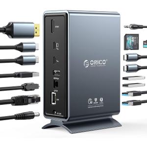 ORICO 15 in 1 Thunderbolt 3 Dock - Single 8K & Dual 4K Display, DP1.4, 3 USB 10Gbps, Optical Out, SD/TF, Audio, RJ45 for Thunderbolt 3, USB-C Windows/Mac (Grey) (Silver)