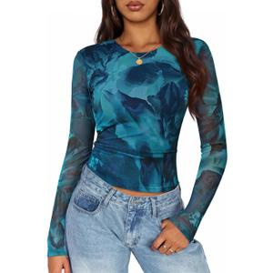 ZESICA Womens Floral Mesh Going Out Tops Fall Long Sleeve Crewneck Slim Fit Ruched Y2k Shirts Beach Vacation Outfits (Medium, Blue)