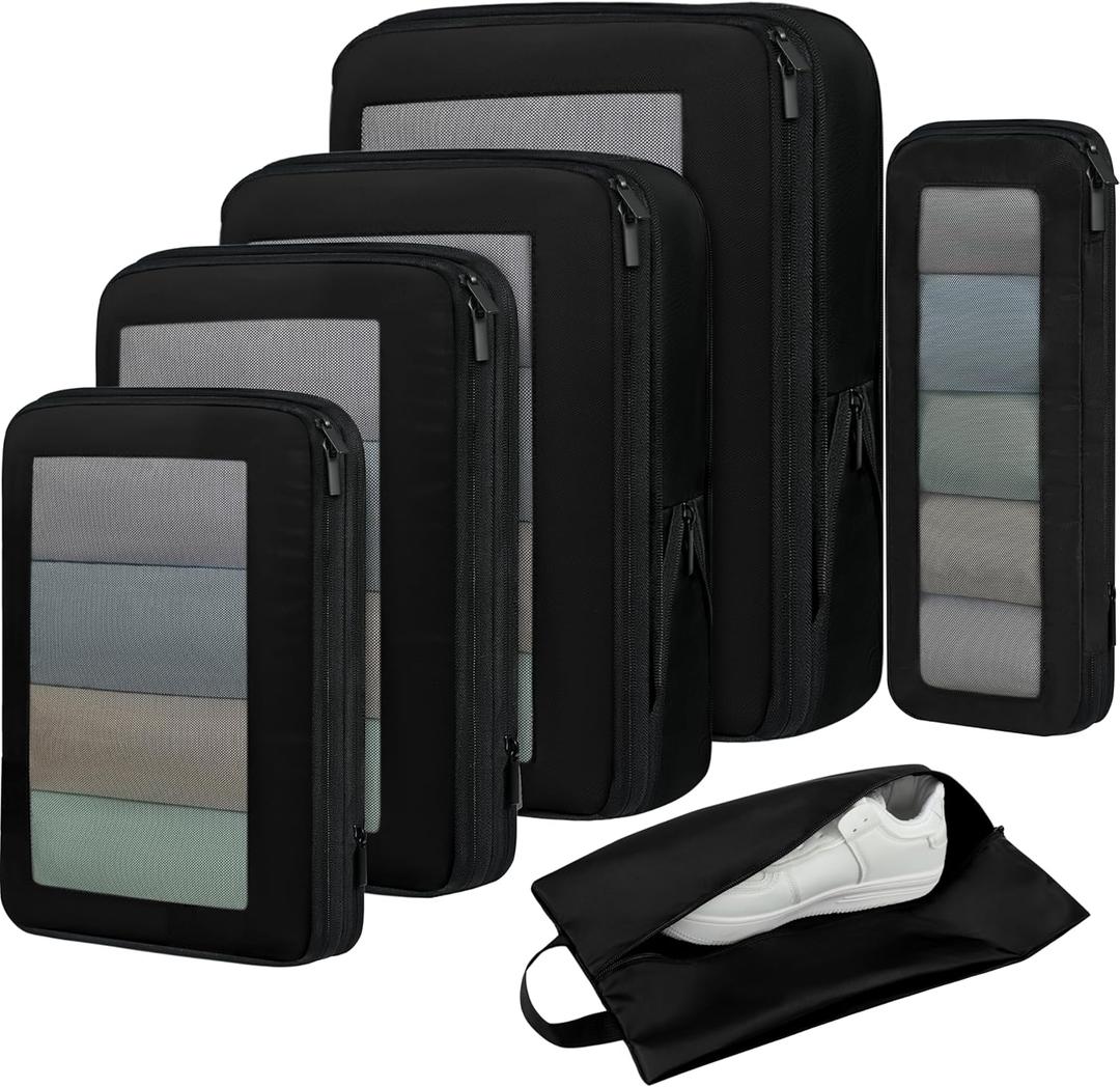 BAGAIL 4 Set/6 Set/8 Set Compression Packing Cubes Travel Accessories Expandable Packing Organizers (Square Mesh, 05-Jet Black)
