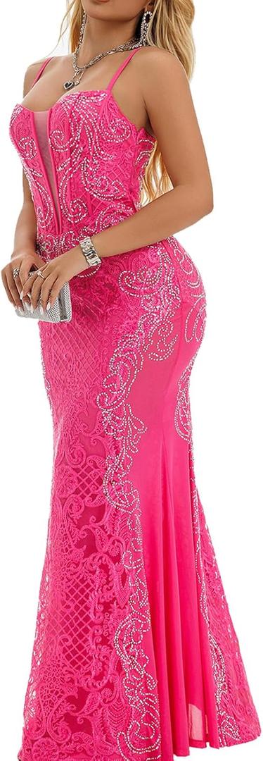Floral Embroidered Formal Prom Dresses for Women Long Evening Gowns Overlay Appliques Lace Up Evening Maxi Dress (X-Large, 488pink)