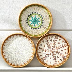 Tiangrid 3 Pcs Round Rattan Tray with Mother of Pearl Inlay Wicker Serving Tray with Wooden Base Boho Decorative Wicker Basket for Table Decor Bathroom Candle Perfume(Vintage Style)