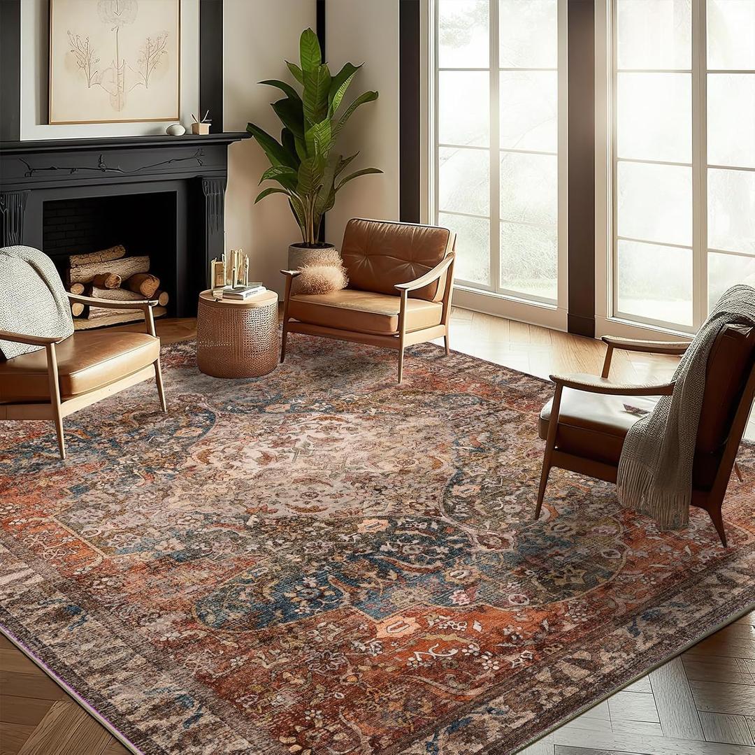 chamler 10'x14' Washable Area Rug Boho Chic Medallion Distressed Design Non-Shedding Easy Care Ideal for High Traffic Areas in Rug for Living Room Bedroom Office Coffee Table Large Carpet (Red Blue Flowers)