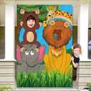 Blulu Jungle Safari Wild One Animals Birthday Party Decoration, Large Fabric Backdrop Photo Door Banner, Funny Jungle Animals Game for Wild One Birthday Party Supplies