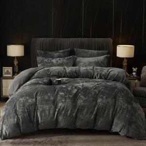 Velvet Duvet Cover Set King Size, 3pcs Ultra Soft Breathable Comforter Cover Set, Luxury Cozy Flannel Duvet Cover with Pillow Shams Bedding Collection, 104" x 90", Dark Gray