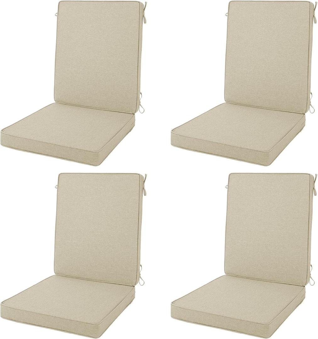 Outdoor Chair Cushions 20x20, Water-Resistant & Fade-Resistant, Patio Furniture Lawn Dining Chair Seat Replacement with High Back, Ties Zipper, Removable Cover, Set of 4, Natural