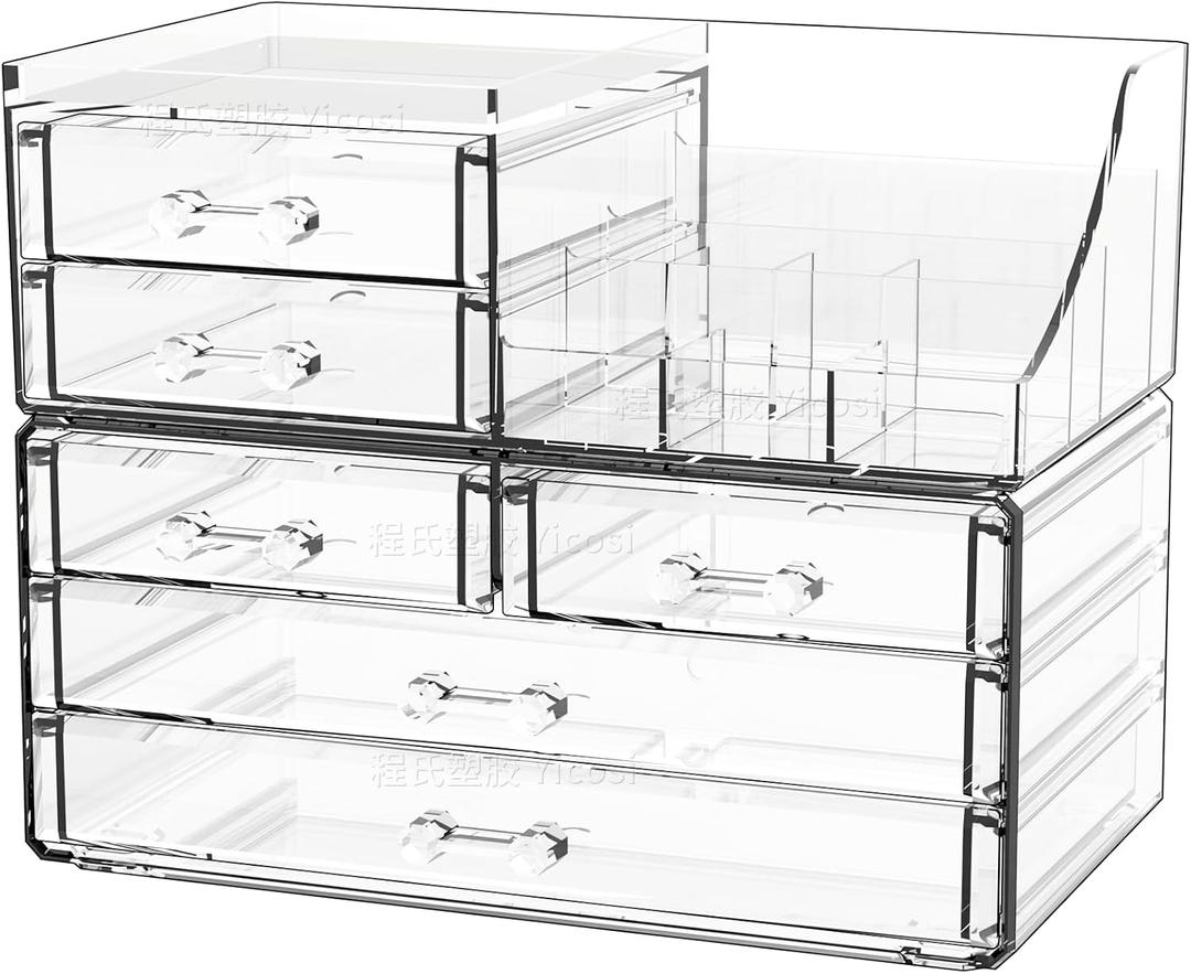 Cq acrylic Make Up Organizers for Vanity With 6 Drawers, 2 Pack Clear Drawer Organizers,Plastic Cute Desk Accessories Organization and Bathroom Organizers Storage Case Box Cube for Beauty,Skin Care